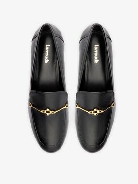 NEW Larroude Katherine Loafer In Black Italian Nappa Leather with Gold Horsebit